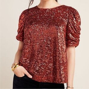 Anthropologie Marie Sequin Puff Sleeve Top SZ US 00 Petite EUC